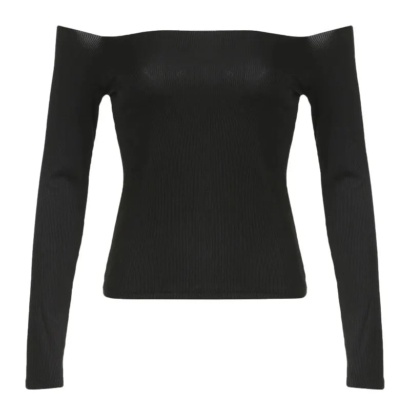 Temperament One-line Shoulder Long Sleeve T-shirt Women Slimming Base Collarbone Off-the-shoulder Spice Girl Top