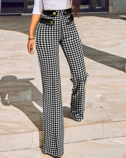 lovwvol Women Buttoned High Waist Wide Leg Tailored Pants Spring Casual Ladies Plaid Long Pencil Pants Elegant Trousers Overalls