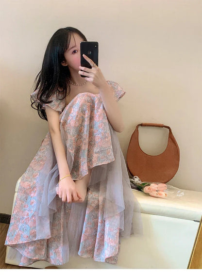 lovwvol Summer Elegant Chiffon Floral Strap Dress Women's Mesh Stitching Strapless Mixi Dress Holiday Ladies  Female Robe