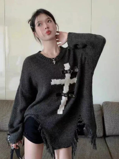 lovwvol  -  Gothic Black Sweater Women Ripped Cross Print Aesthetic Grunge Top Casual Loose Streetwear Pullover Y2k Streetwear Sueter Jumper