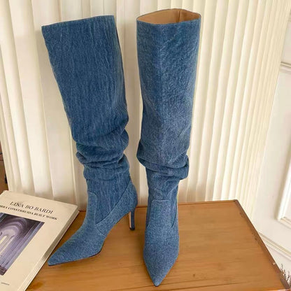 Pleated High Heels Denim Boots for Women 2023 Autumn Jeans Knee High Cowboy Boots Woman Blue Thin Heeled Long Botas Feminina