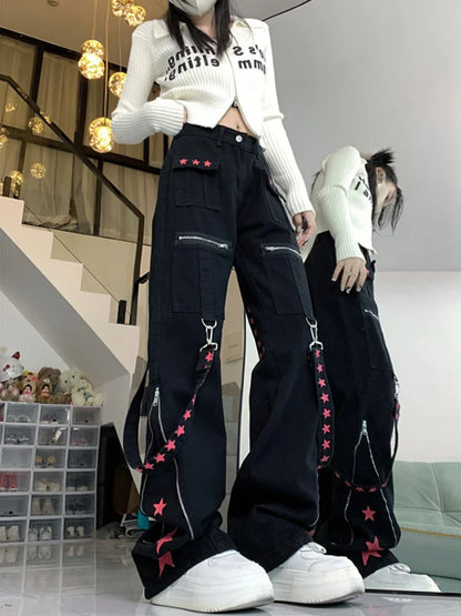 lovwvol Women's Black Gothic Baggy Cargo Jeans with Star Harajuku Y2k 90s Aesthetic Denim Trousers Emo 2000s Jean Pants Vintage Clothes