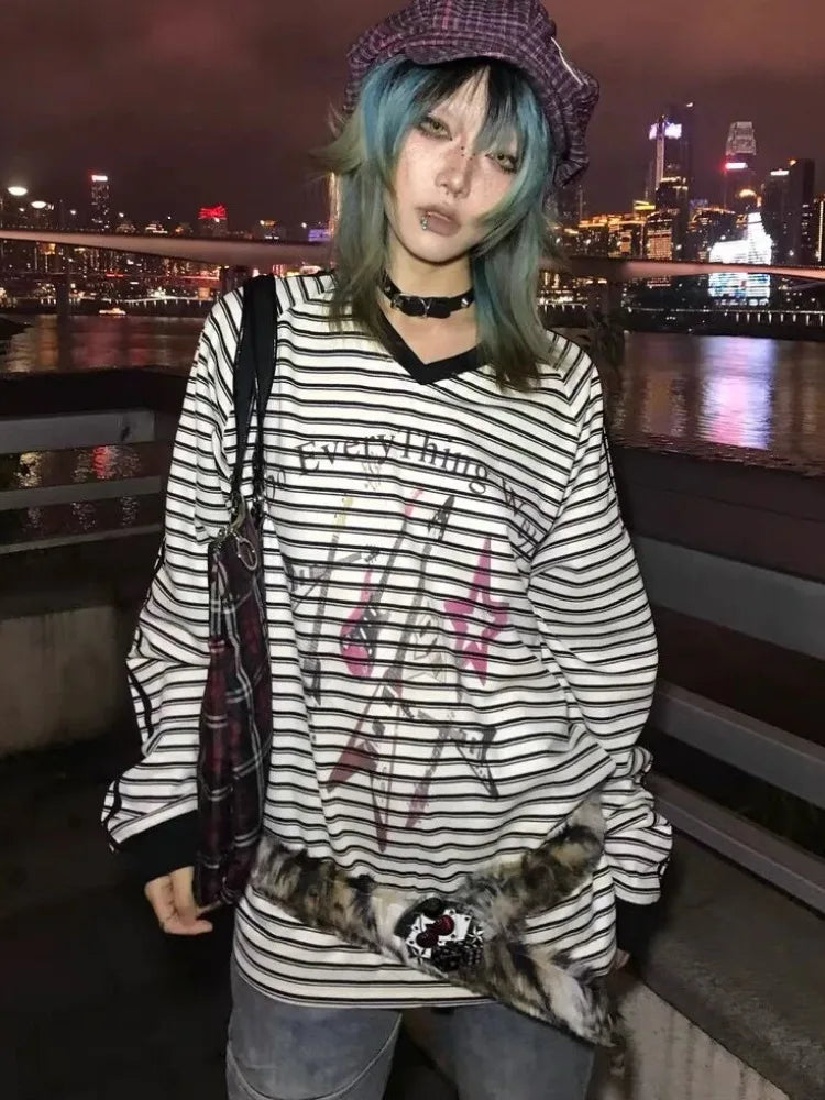 lovwvol  -  Japanese Striped Grunge Vintage T-shirt Women Patchwork Casual Loose Streetwear Tops Autumn Y2k Aesthetic Printing Tshirts