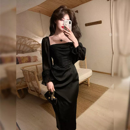 Solid Elegant Fairy Dresses Women Casual Party Fashion Korean One Piece Dress Female Lace Vintage Chic Midi Dresses