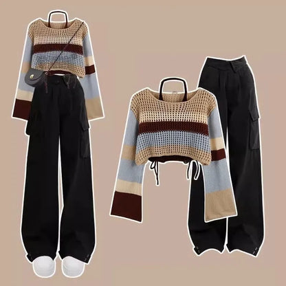 lovwvol Women's Autumn Vintage Hollow Stripe Long Sleeved Knitwear+Strap+Cargo Pants Suit Korean Elegant Sweater Trousers Matching Set