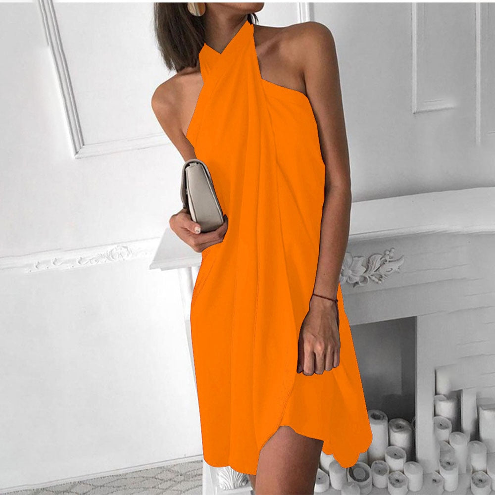 Women Sexy Halter Summer Dress Fashion Elegant Sleeveless Solid Irregular Loose Casual Boho Beach Dresses Robe Femme