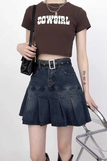 lovwvol Korean Y2K Style Harajuku High Waist High Street Jeans Skirts Summer Women's Sexy Loose Fit Hotsweet Denim Pleated Skirt