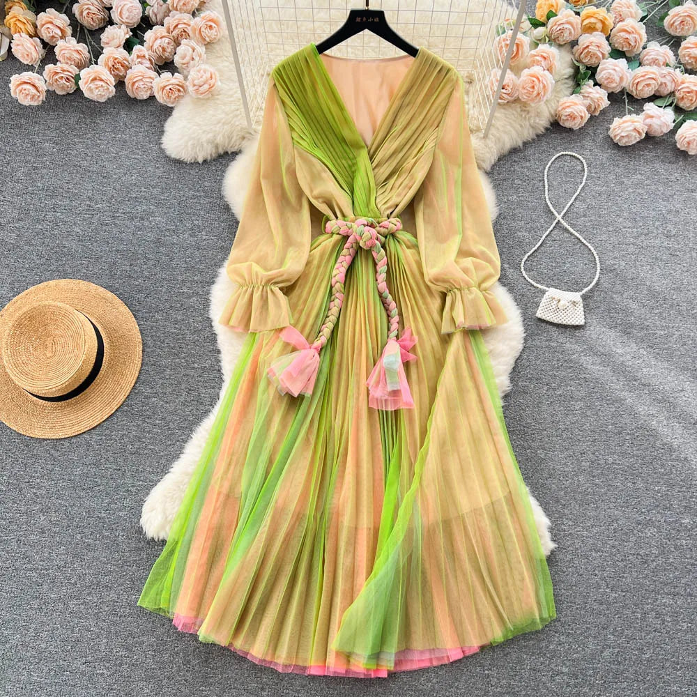 lovwvol Women's Fashion France Vintage Pleated Long Dress Summer Autumn Sexy V-Neck Lace Up Party Runway Vestidos Female Elegant Robe