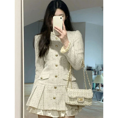 lovwvol MEXZT Sweet Tweed Mini Dress Women Elegant Ruffles Pleated A Line Dresses Vintage Korean Party Patchwork Bodycon Vestidos New