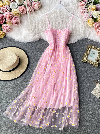 lovwvol   Summer Beach Mesh Floral Dress Women Vintage Elegant Sexy Beach Sundress Woman Party Night Korean Kawaii Vestidos