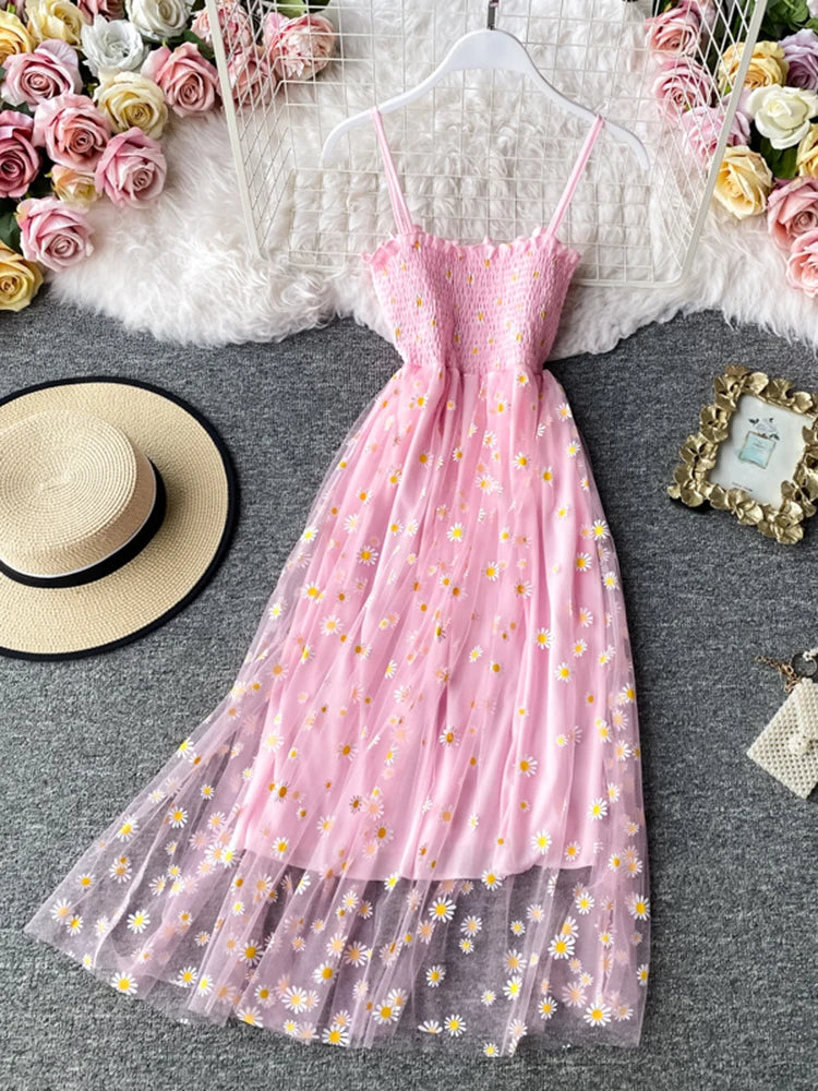 lovwvol   Summer Beach Mesh Floral Dress Women Vintage Elegant Sexy Beach Sundress Woman Party Night Korean Kawaii Vestidos