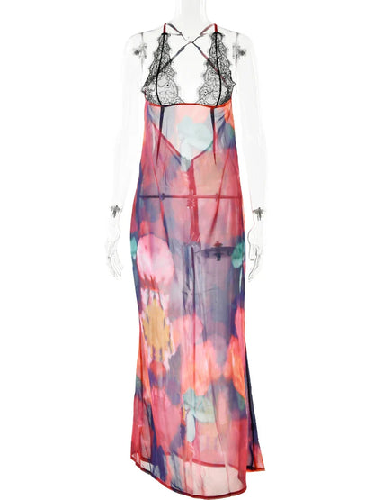 Elegant Tie Dye Floral Chiffon Dress Summer Sexy Women Backless Lace Bodycon See Through  Beach Party Vestidos