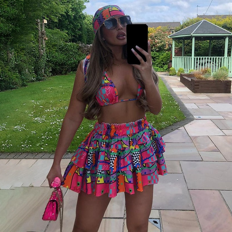 lovwvol Lokar New Bandana Print Bikini Sexy Suits Women Fashion Summer Suit Women Elegant Mini Cake Skirts Suits Female Ladies