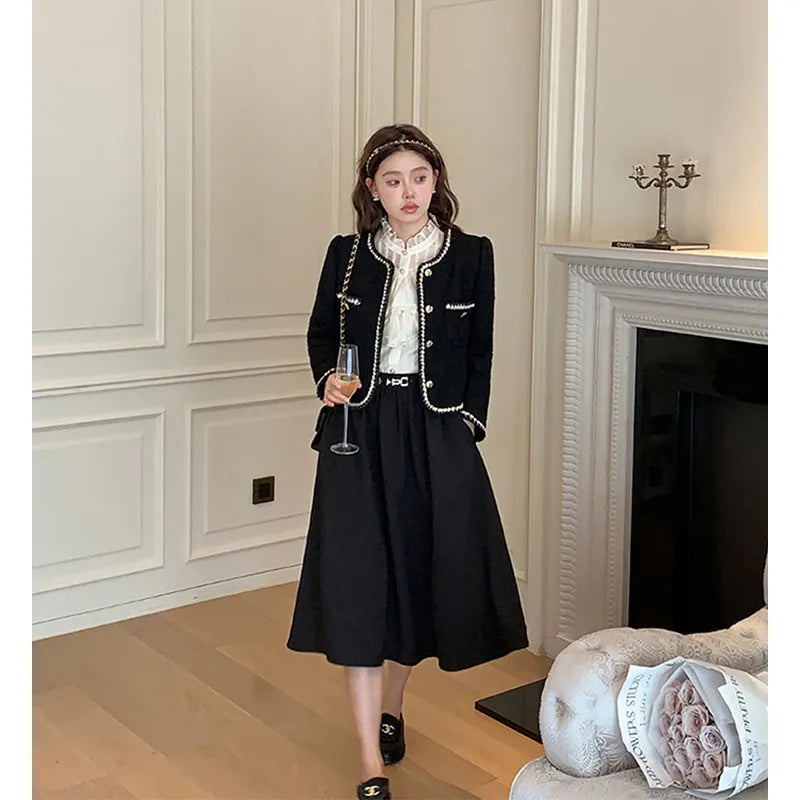 Vintage Jackets Women Black Tweed Cropped Coat Korean Elegant Thicken Single Breasted Blazer Casual Short Outerwear Tops