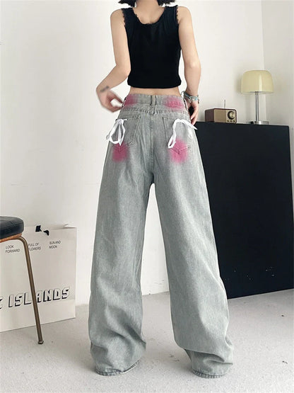 lovwvol Women's Inkjet Design Thin Jeans Street Summer New Trousers Young Girl Street Bottoms Female High Waisted Denim Pants