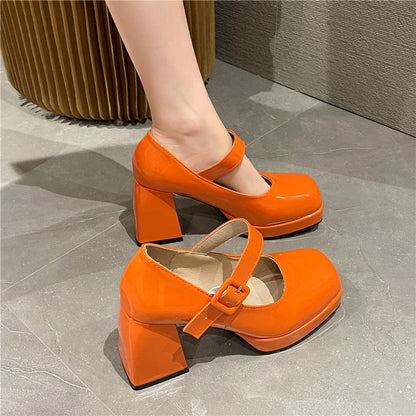 8cm High Heel Mary Janes Women Shoes Platform Square Toe Patent Leather Buckle Gladiator Sandal For Ladies Plus Size 44