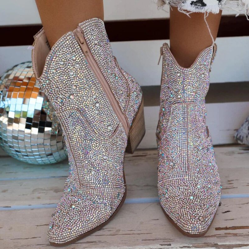 Women Rhinestone Western Cowboy Boots Chunky Heel Party Ankle Boots Anti-slip High Heels Hiking Shoes Botas Cowboy Mujer