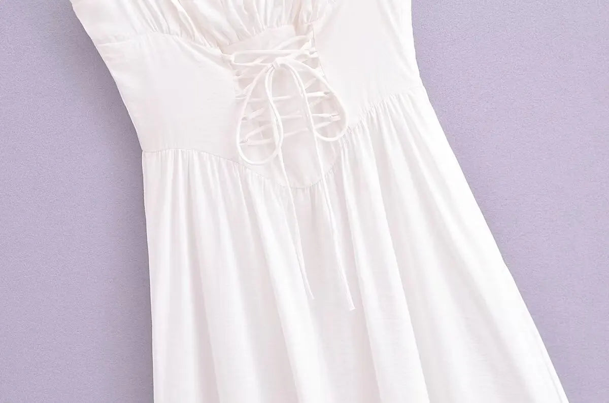 lovwvol Sexy Elegant Women Front Bandage Spaghetti Strap White Dress Summer Ladies A-line Midi Holiday Robe