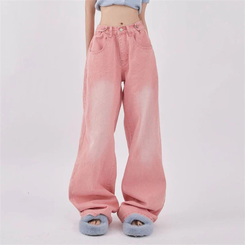 lovwvol Women's High Waisted Button Design Straight Jeans Cool Girl Wide-leg Denim Trousers Vintage Bottoms Female Do Old Gradient Pants