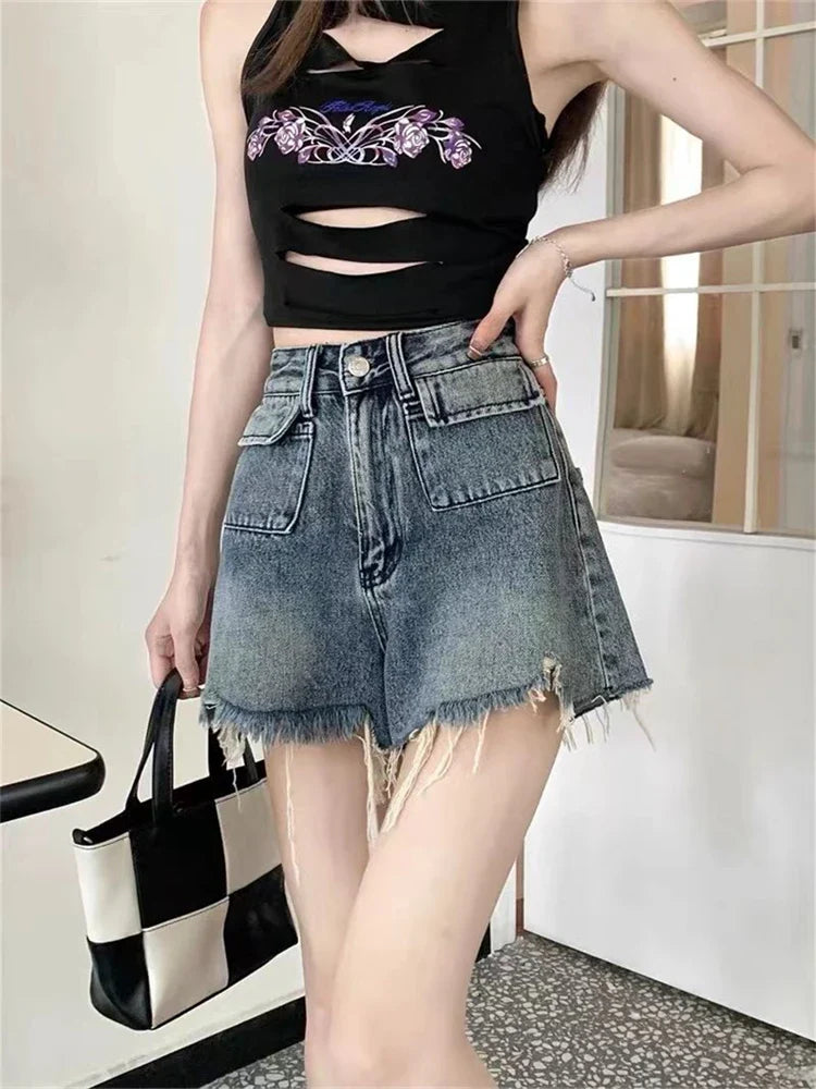 lovwvol Women's High Waisted A-line Raw Edge Denim Shorts Street Young Girl High Waisted Sexy Hot Pants Casual Female Mini Trousers