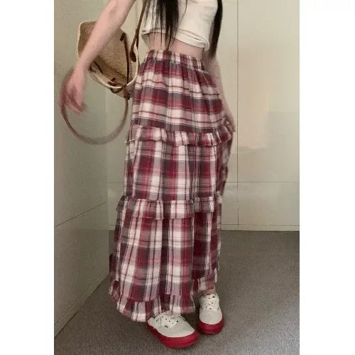 lovwvol Japan Vintage Plaid Cake Half Skirt Umbrella Skirts Women Summer High Waist Slim A-line Dress Fashion Faldas Mujer