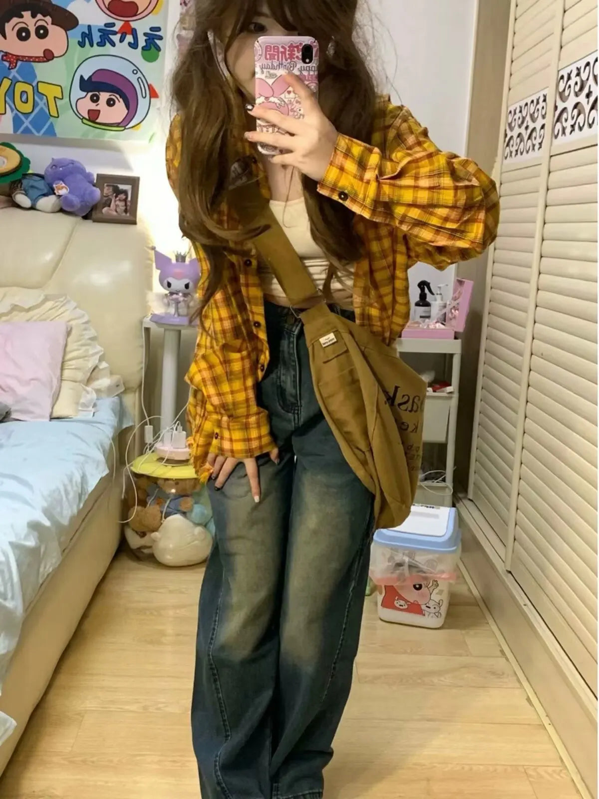 lovwvol Y2K Autumn/Winter Shirt Coat Yellow Plaid Pattern all Matching Simple Fashion Coat Slim Coat Women's Top Trend Millennial Coat