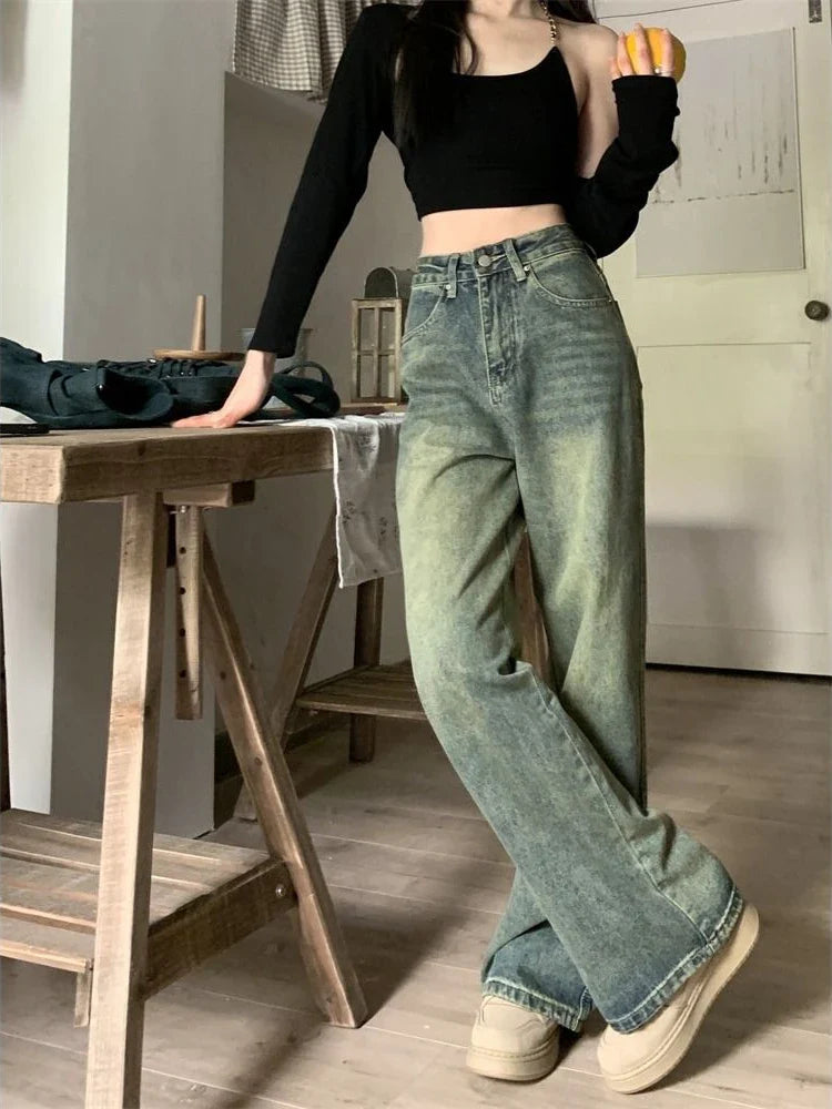 lovwvol   Y2k Baggy Wide Leg Jeans Women Vintage Streetwear Washed Denim Pants Grunge Basic Slouchy Blue Trousers Femme Spring