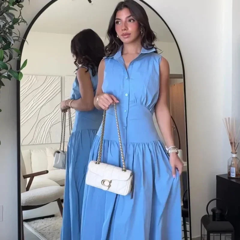 lovwvol Women Fashion Blue High Waist Sleeveless Dress Elegant Lapel Single-breasted A-line Dress 2024 Summer Office Lady Commuting Robe