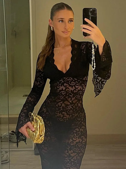 Sexy Deep V-neck Long Sleeve Lace Dress Streetwear Women High Waist Tunics Bodycon See Through Long  Maxi Party Wedding Dresses