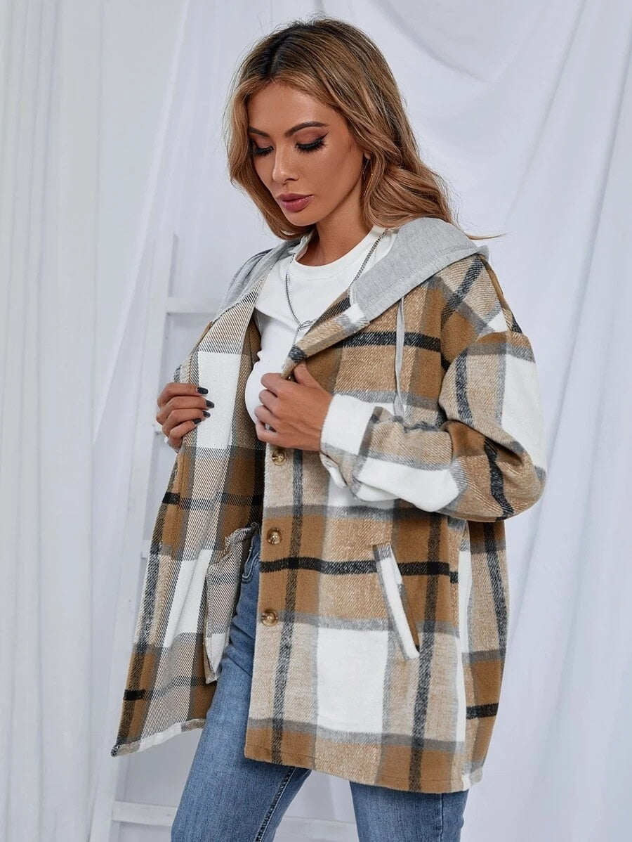 lovwvol     Vintage Plaid Jacket Womens Wool Blend Coats Hoodies Streetwear Flannel Hooded Woolen Za Woman Overshirt Oversized Shirts