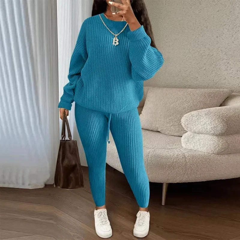 lovwvol  -  Winter Two Piece Sets Women Clothing Autumn Fashion Casual Solid Round Neck Pullover Loose Pit Knitted Sweater Pants Suits