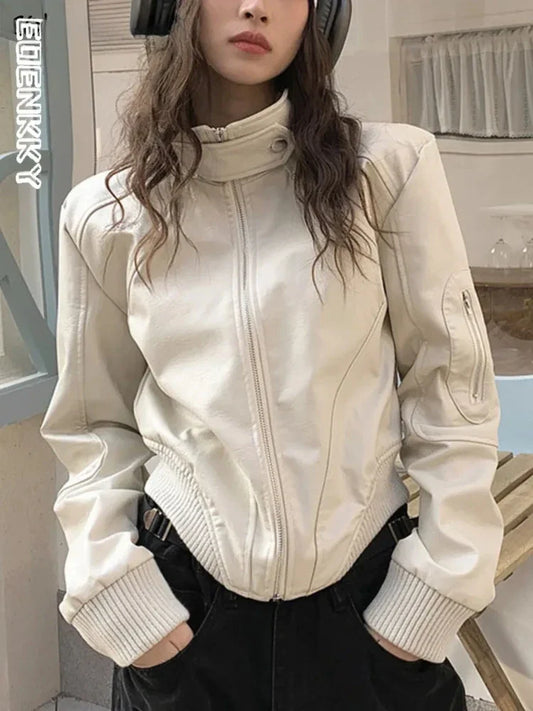 lovwvol Stand Collar Zipper Woman Pu Jackets Loose Casual Motorcycle Jaquetas Retro Cropped White Leather Jackets Autumn 2023 New Coats