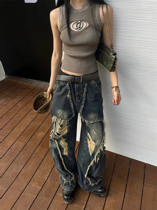 lovwvol Women's Tassel Big Pocket Design Wide-leg Jeans Cool Girl High Waisted Fashion Loose Pants Female Straight Retro Denim Trousers