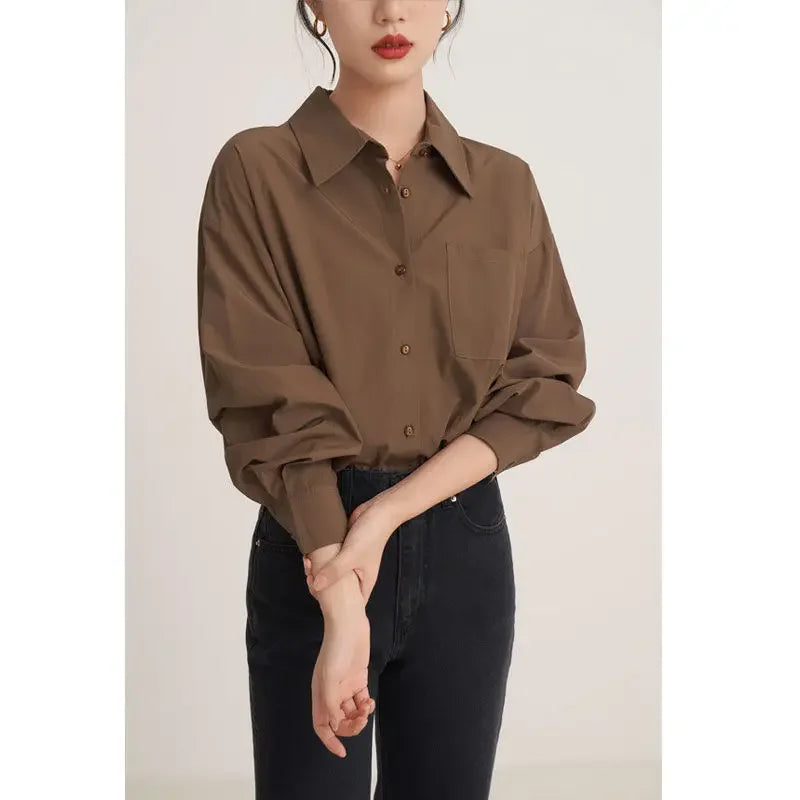 lovwvol Vintage Brown Shirts Women Blouses Office Wear Long Sleeve Elegant Ladies Casual Korean Fashion Loose Autumn Shirts