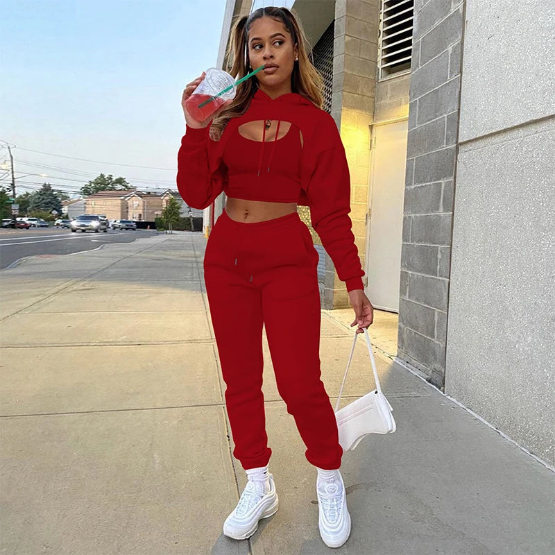 Women 3 Pieces Sets Sweatpants and Hoodie Set Cropped Tops Fleece Pants Suit Tracksuit Fitness Sport Jogger Outfit Clothing