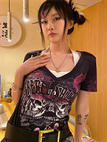 lovwvol  -  Gothic Punk T-shirt Women Y2k Aesthetics V Neck Slim Tops Summer Harajuku Fairy Grunge Streetwear Vintage Tshirt Camisetas Tees