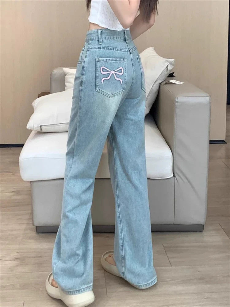 lovwvol Women's Bow Embroidered Design Summer Thin Jeans Young Girl Street Straight Bottoms Vintage Trousers Female Wide Leg Pants