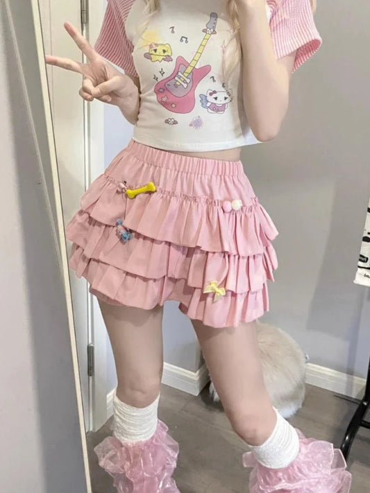 Kawaii Lolita Skirt Women Ruffle Patchwork Layered High Waist Cute Mini Skirt Shorts Harajuku Japanese Style Soft Girl