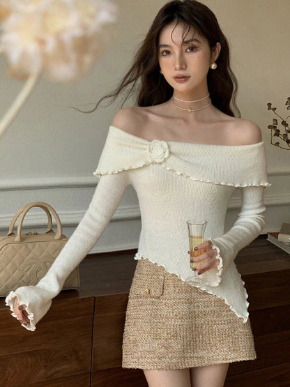 lovwvol Korean Fashion Off Shoulder Sweater Women Fairycore Aesthetic Knitted Jumper Mujer Chic Elegant Long Sleeve Top Spring