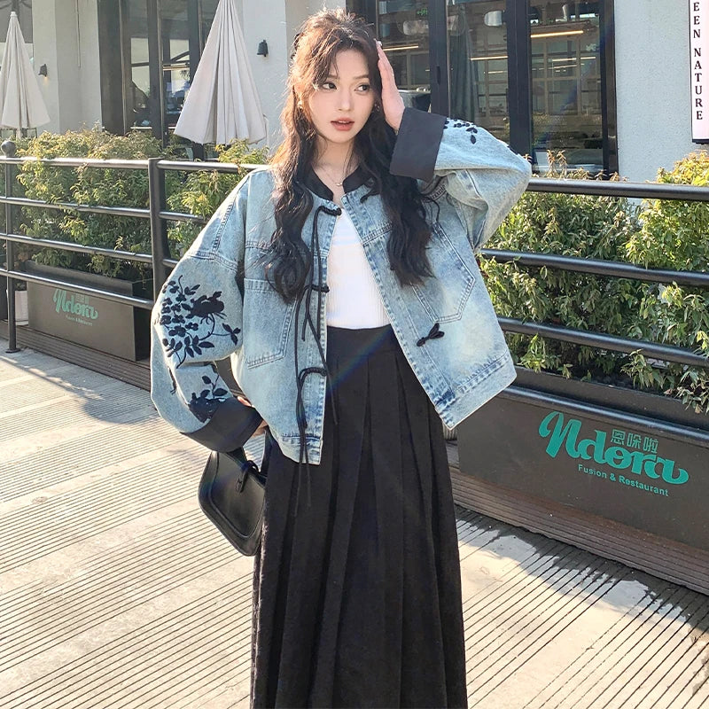 lovwvol  -  Chinese Style Embroidered Short Denim Coat Women's Jacket  Autumn Knot Botton Design Loose Outerwears Female Clothes