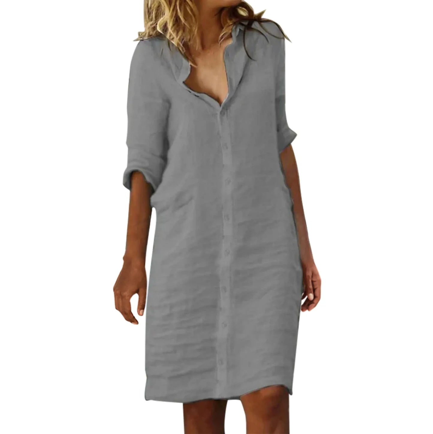 lovwvol Vintage Cotton Linen Shirt Dresses for Women Summer Half Sleeve Loose Lapel Dress Ladies Casual Holiday Knee Length Dress Robe