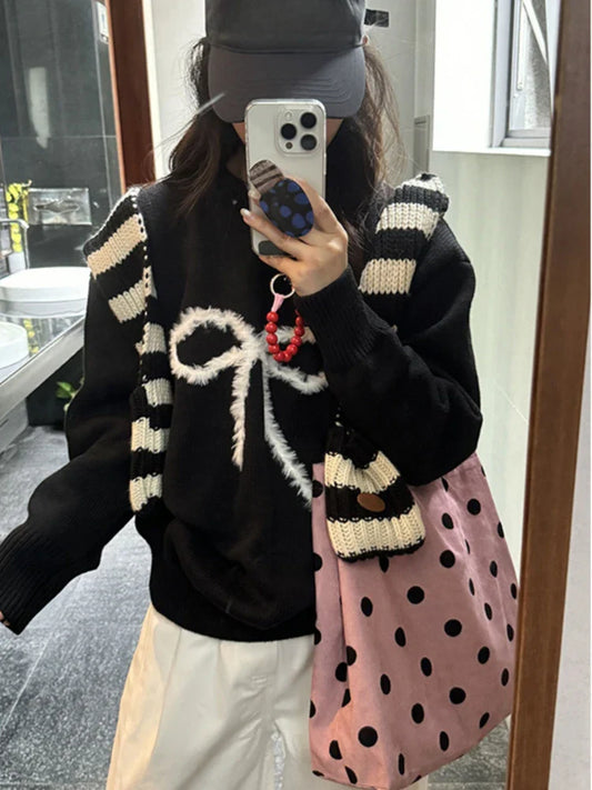 lovwvol  -  Harajuku Black Bow Knitted Sweater Women Autumn Vintage Casual Streetwear Tops Loose Grunge Y2k Aesthetic Pullover Pull Femme