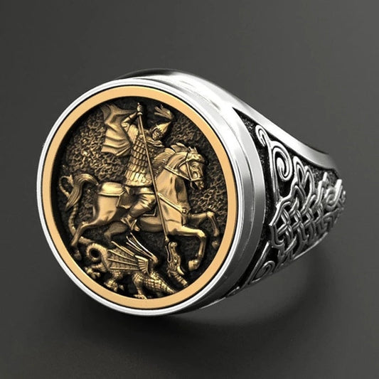 Punk Cool Men's Finger Ring Dual Gold Color Metal Rome Soldier Horse Dragon Rings Fashion Jewelry