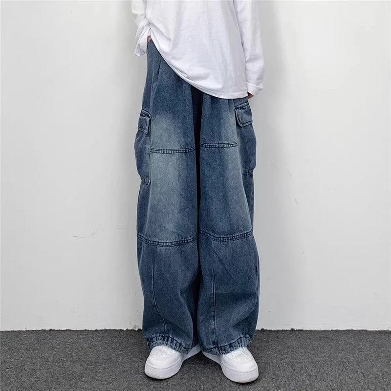 lovwvol Y2k Vintage Baggy Jeans for Women Autumn Loose Pockets Elastic Waist Denim Wide Leg Pants Japanese Streetwear Trousers