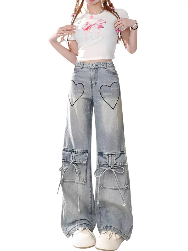 lovwvol Women Light Blue Y2k Cargo Jeans Harajuku Bow Denim Trousers Streetwear Baggy Jean Pants Vintage Aesthetic 2000s Trashy Clothes