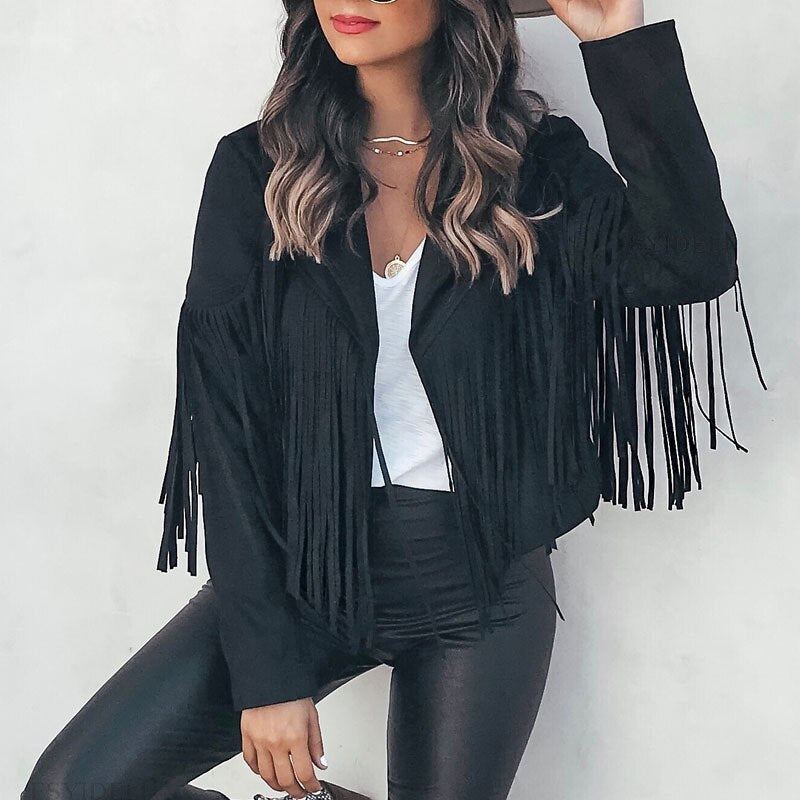 Fringe Faux Suede Jacket Women's Motorcycle Lapel Handsome Jacket Fall 2023 Ladies Solid Fringed Short Coat Women Jackets A2008