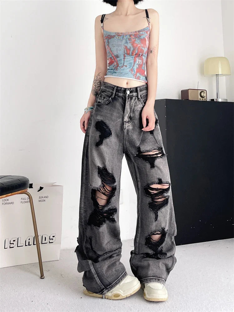 lovwvol Women's Distressed Design Black Gray Unisex Jeans Summer Hole Denim Trousers Young Girl Street Bottoms Female High Waisted Pants