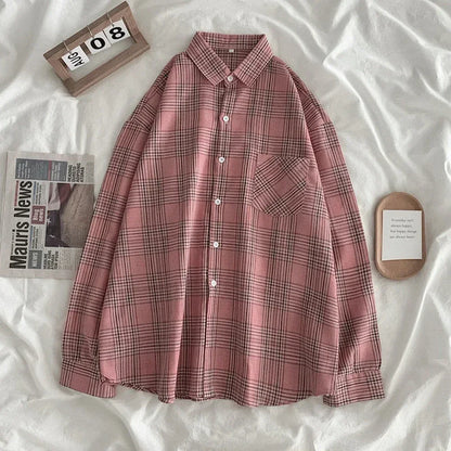 Women Shirt Plaid Oversize Turn-down Collar Leisure Fashion Loose All-match Womens Long Sleeves Soft Chic Korean Style Tops polo