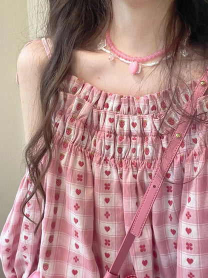 lovwvol Sweet Pink Print Tops Women Japanese Kawaii Lolita Wide Leg Short Sets Female Summer Off Shoulder Lace Up Blouse Two Piece Set