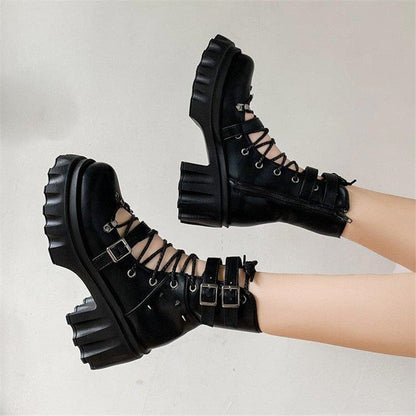 Dark Gothic Hollow Sandals Women Thick Sole Metal Buckle Punk Style Spice Single Shoes Chunky Heel Platform Cross Tied Sandalias